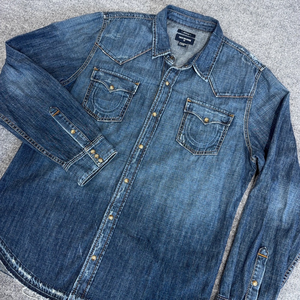 True Religion Denim Shirt Men 2XL Blue Pearl Snap Western Flap Pocket Distressed